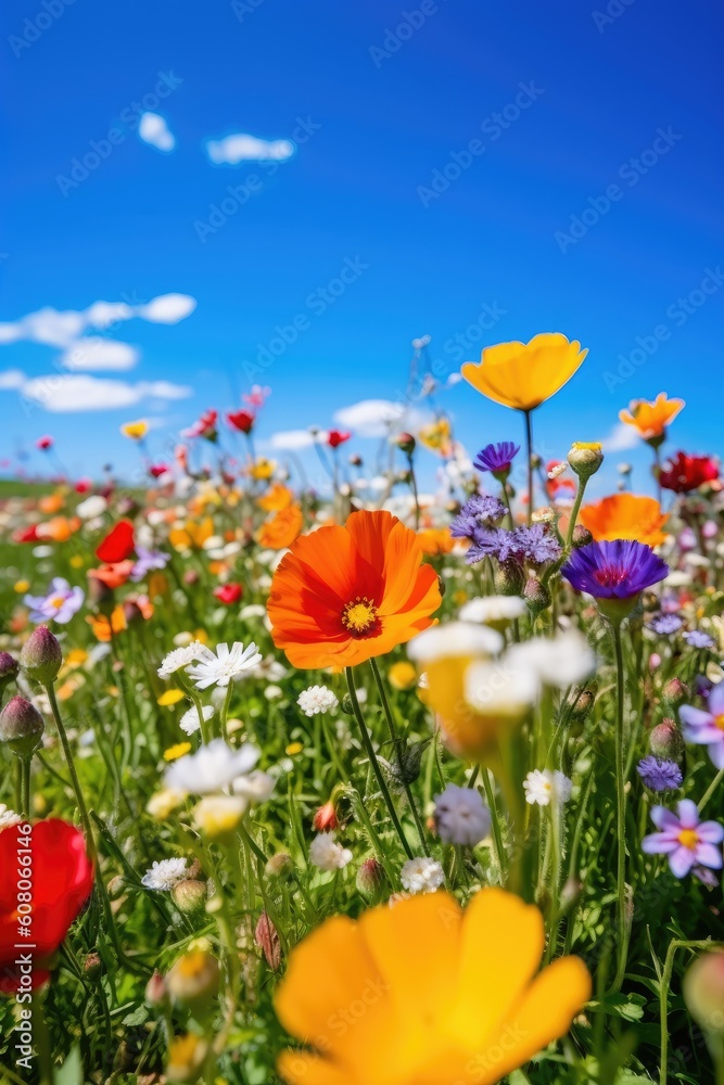 Colorful spring flowers on a field under a blue sky. Generative AI Colorful spring flowers on a field under a blue sky. Generative AI