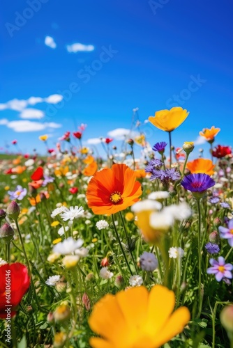 Colorful spring flowers on a field under a blue sky. Generative AI