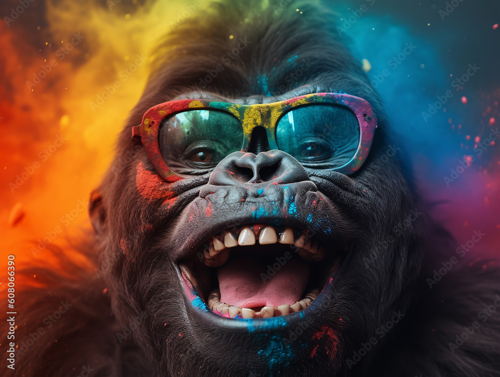 close up portrait of gorilla wearing glasses. with a festive concept. generative ai