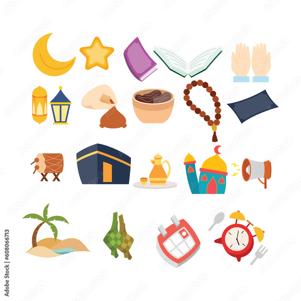 Islamic Element Illustration. Ramadan icon, lantern, camel, mosque. flat style. isolated premium vector illustration. perfect for ramadan kareem celebration.