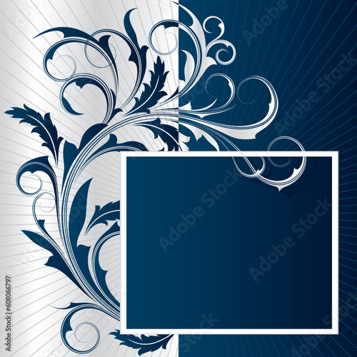 Blue background with white frame from abstract branch and leaves
