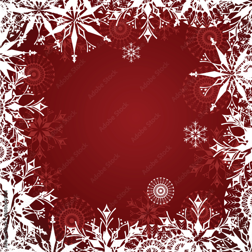 Red background with snowflake and frosty patterns Red background with snowflake and frosty patterns