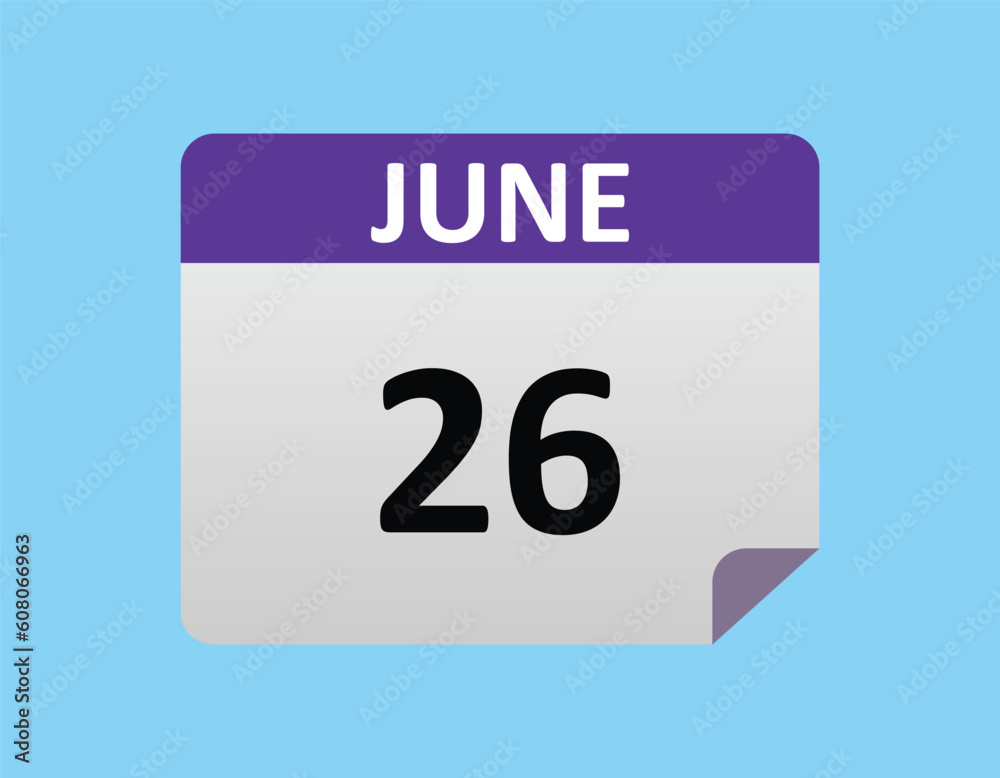 26th June calendar icon June 26 calendar Date month icon vector
