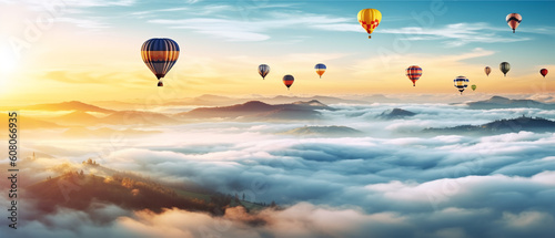 View of hot air balloon flying over clouds and mountains, with copy space background, generative ai