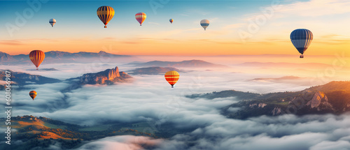 View of hot air balloon flying over clouds and mountains, with copy space background, generative ai
