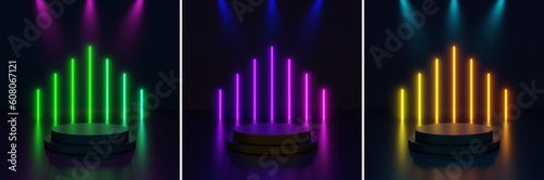  3D Render of an Empty Podium with Neon light Gradient on Abstract Neon Frame.