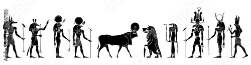 Various Egyptian gods, goddess, mythological creatures and demons.  Anubis, Seth, Ra, Apis, Khensu, Hathor, Horus and other.  This filet is vector, can be scaled to any size without loss of quality.