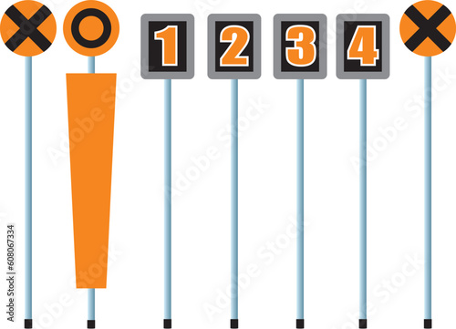 Yard marker and down marker used on the sideline in American football to measure down and distance. Includes down markers showing first, second, third and fourth down.