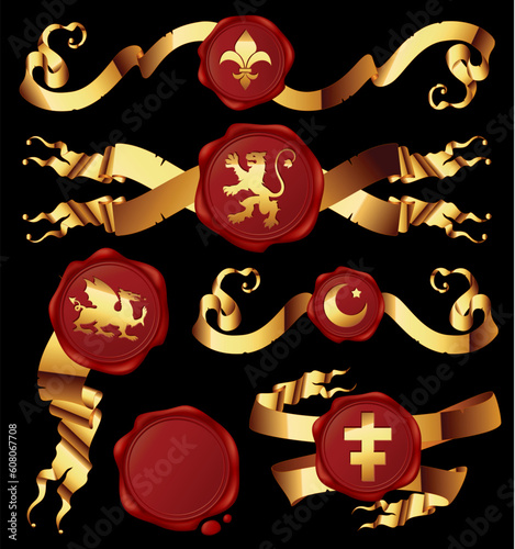 set of gold ribbons with heraldic seales,this  illustration may be useful  as designer work photo