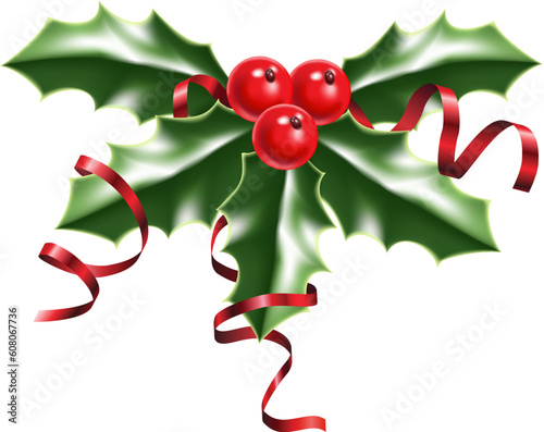illustration of a sprig of holly with red berries and red ribbons