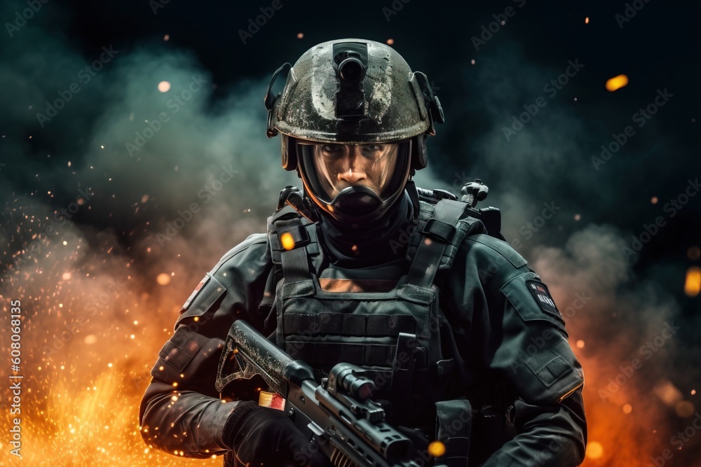 Portrait soldier holding guns with fire background AI Generative Portrait soldier holding guns with fire background AI Generative