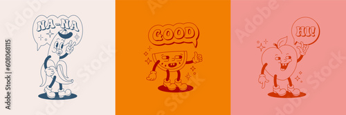 Retro Cartoon Character Fruit Poster Set. Vector Funny Comic Illustration with Banana, Watermelon and Peach