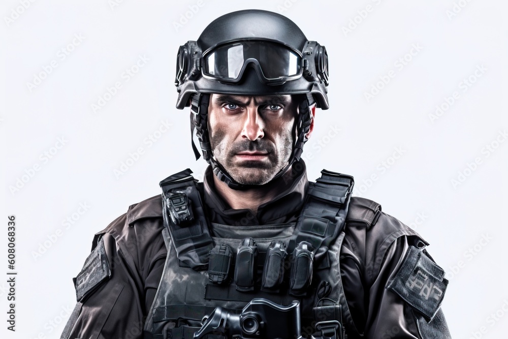 Portrait soldier standing confident isolated on whiteAI Generative