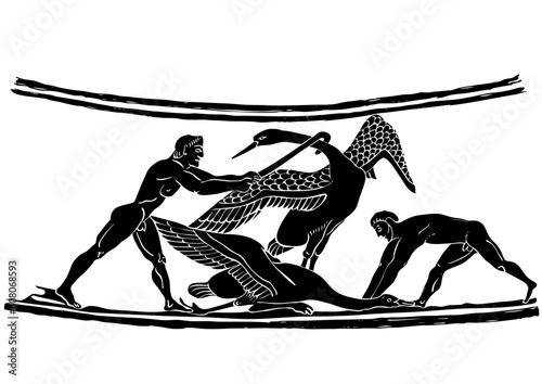 Bird hunters - scene from hunting - painting on the amphora from ancient Greece - ancient art