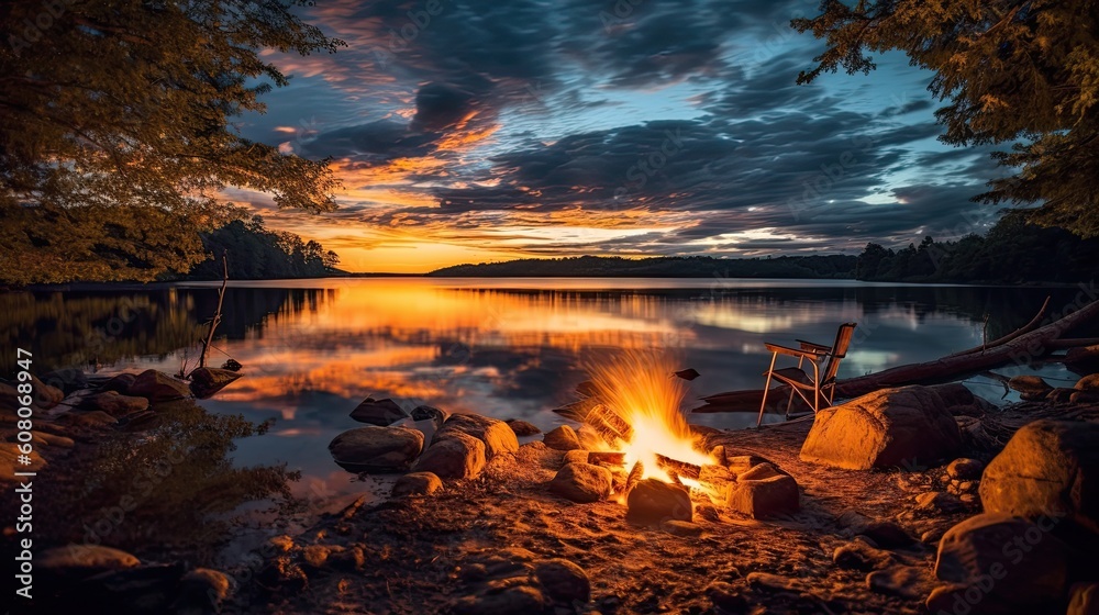 Glowing campfire by the lake. Sunset with open flames, fire, and logs. Camping on the beach at night. Serene lake landscape. Glowing campfire by the lake. Sunset with open flames, fire, and logs. Camping on the beach at night. Serene lake landscape.