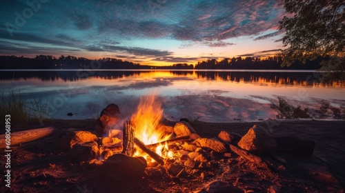 Glowing campfire by the lake. Sunset with open flames, fire, and logs. Camping on the beach at night. Serene lake landscape.