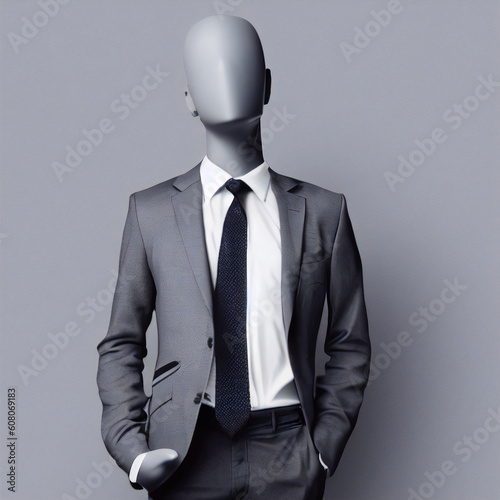 Mannequin guy in a gray business suit and a black tie over gray background