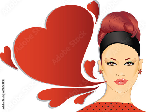 Vector illustration of beautiful retro woman with heart shaped speech bubble