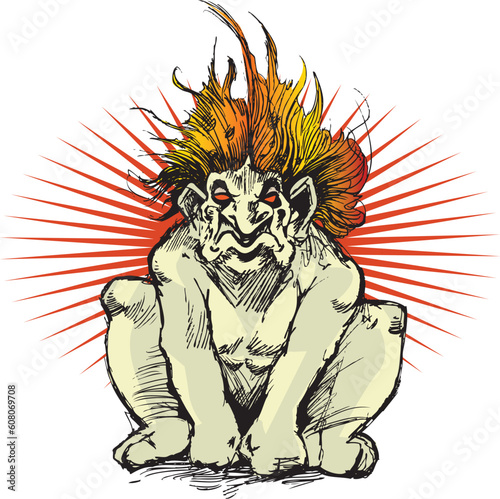 Scary troll with fiery hair, green muscular skin, red eyes, and energy burst in background.