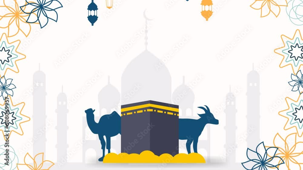 Eid al adha celebration, and muslim festival. 4k animated holiday celebration background with gold lanterns, sacrificial animals and arabic decorations.