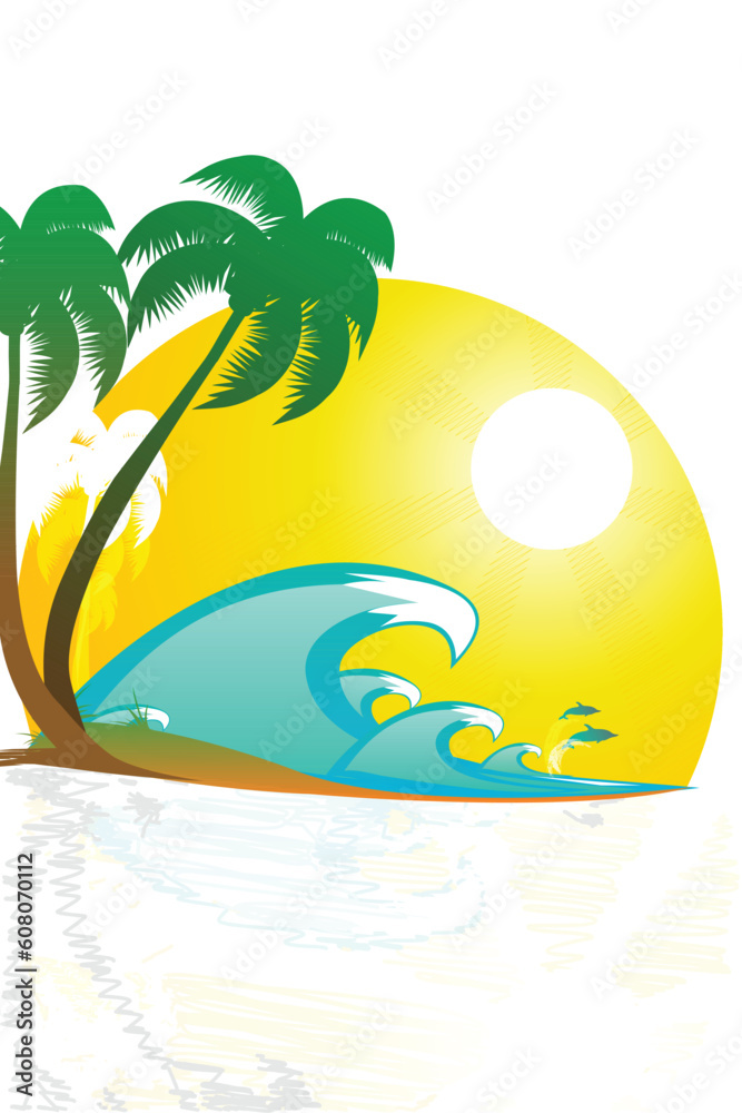 illustration of tropical landscape with beach with palm tree
