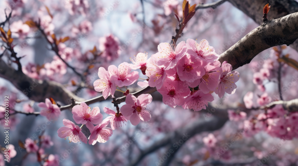 Beautiful peach tree flowers in spring. Delicate pink flowers on a branch in the garden. Generative AI Beautiful peach tree flowers in spring. Delicate pink flowers on a branch in the garden. Generative AI