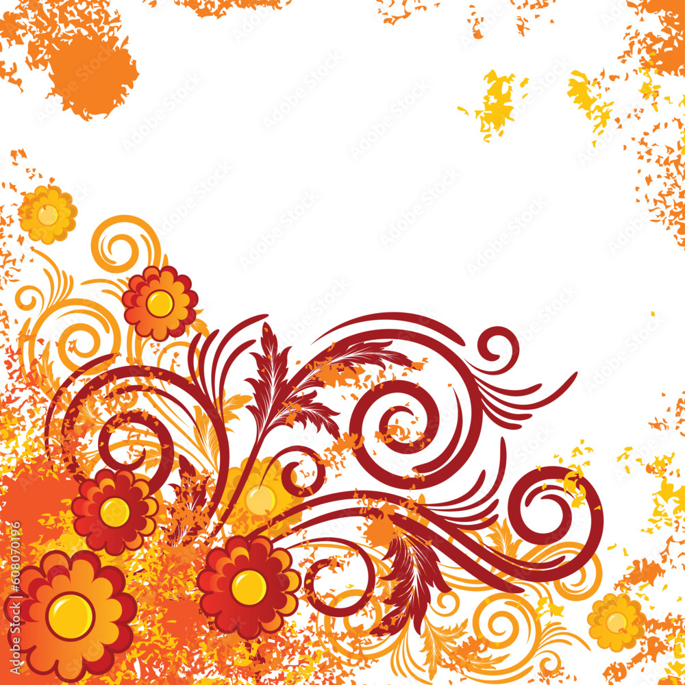 White background with abstract orange and yellow flowers and branches White background with abstract orange and yellow flowers and branches