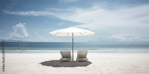 chairs and white umbrellas beach.Generated Ai