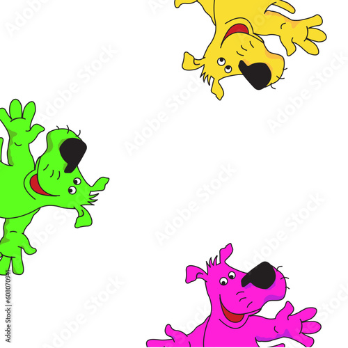 Green, yellow and violet dogs on a white background.Vector