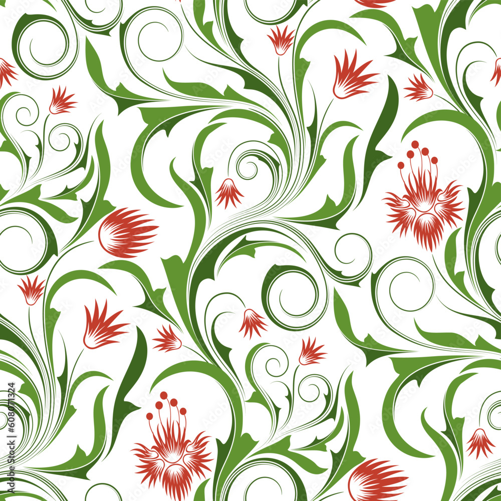 Seamless pattern from  red flowers and leaves(can be repeated and scaled in any size)