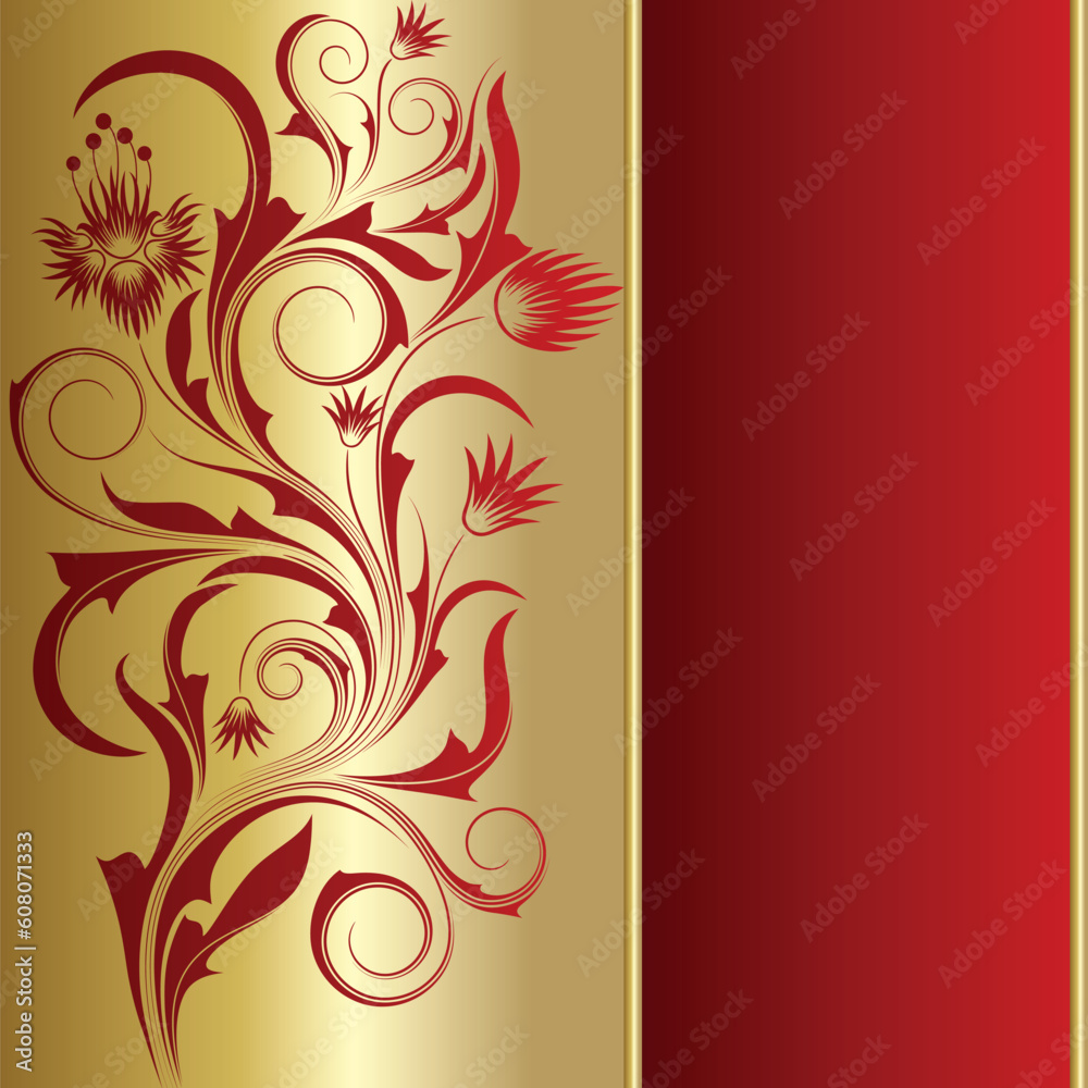 Red  background with frame from abstract branch  and leaves