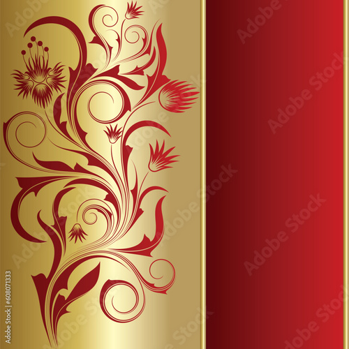 Red background with frame from abstract branch and leaves