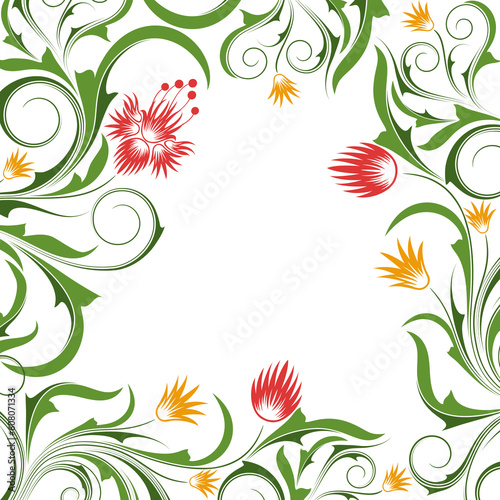 White background with   abstract orange and red flowers and  branches