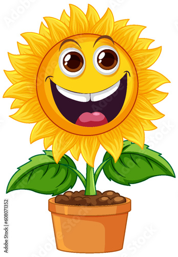 Sunflower plant in pot cartoon isolated