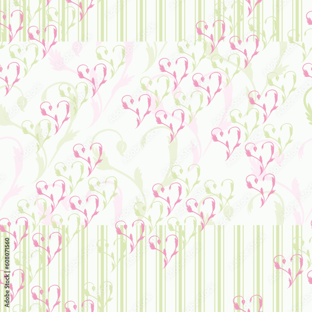 Red hearts and green stripes on a light background - seamless texture