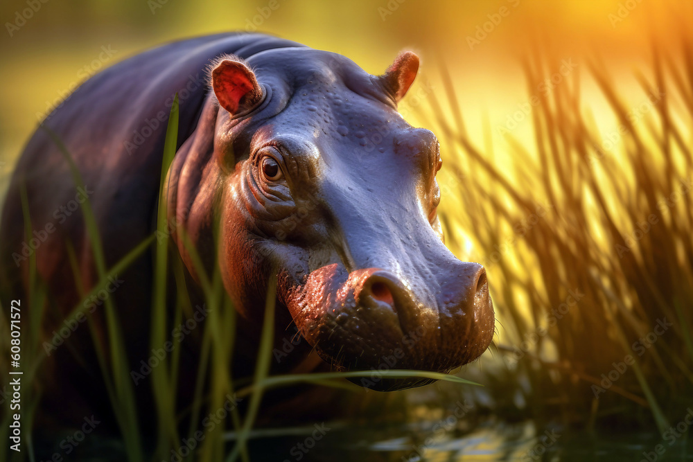 Fototapeta premium A hippo walking through the grass in river. Generative AI illustration
