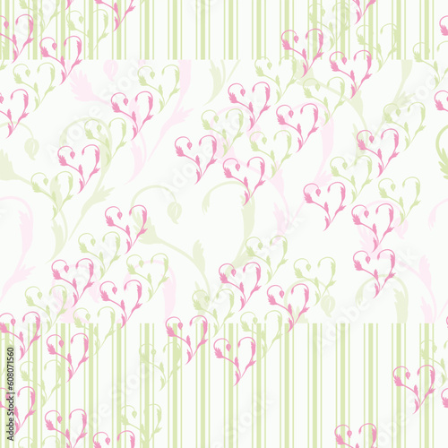 Red hearts and green stripes on a light background - seamless texture