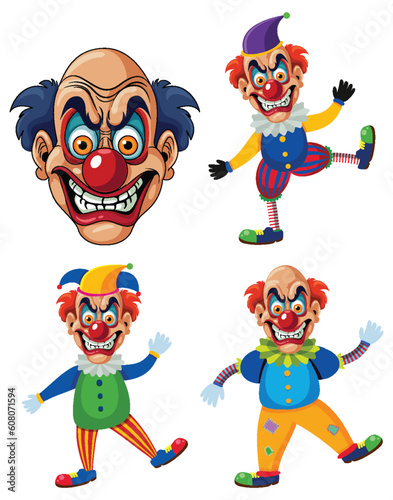 Set of creepy clown cartoon character on colourful outfit