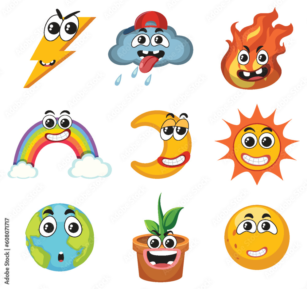 Set of weather cartoon character simple style Set of weather cartoon character simple style