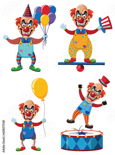 Set of creepy clown cartoon character on colourful outfit