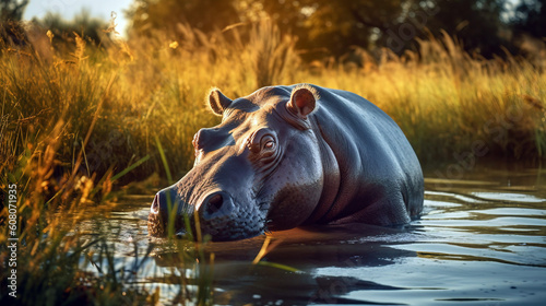 A hippo walking through the grass in river. Generative AI illustration © ardanz