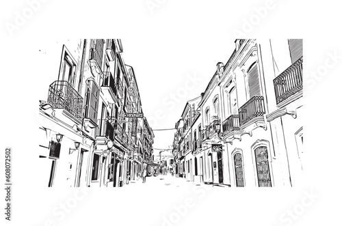 Building view with landmark of Ronda is a city in Spain. Hand drawn sketch illustration in vector.