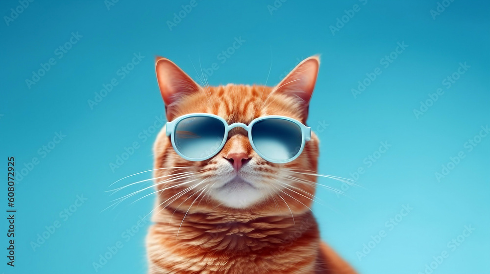 Cute cat wearing sunglasses on blue background, generative ai