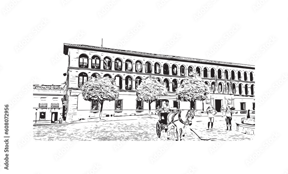 Building view with landmark of   Ronda is a city in Spain. Hand drawn sketch illustration in vector.
