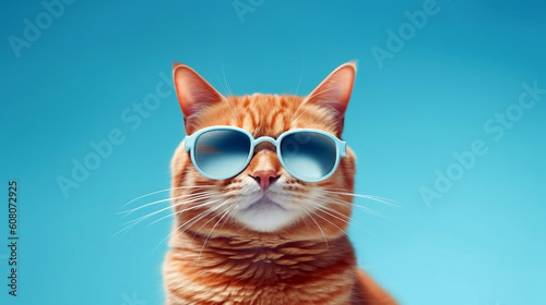 Cute cat wearing sunglasses on blue background, generative ai © ardanz