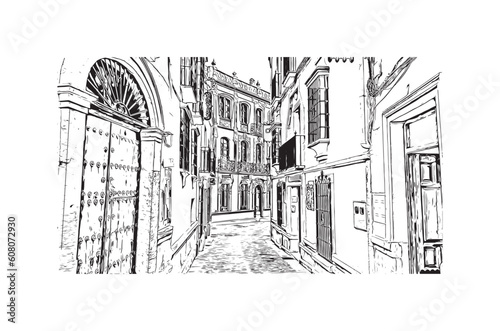 Building view with landmark of   Ronda is a city in Spain. Hand drawn sketch illustration in vector.