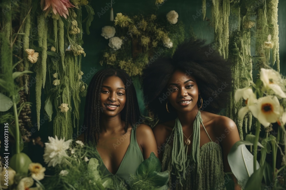 Two African women happy and smiling. posing at home, in stylish green interior. Summer fashion conception. Created with Generative Ai Technology.