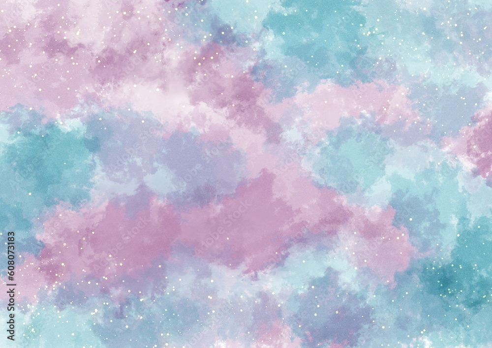 水彩風の大理石調のピンクと青の背景にキラキラが散らばった背景イラスト