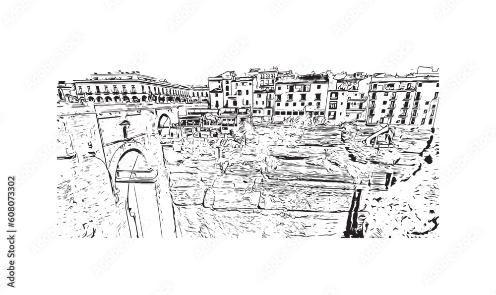 Obraz premium Building view with landmark of Ronda is a city in Spain. Hand drawn sketch illustration in vector.