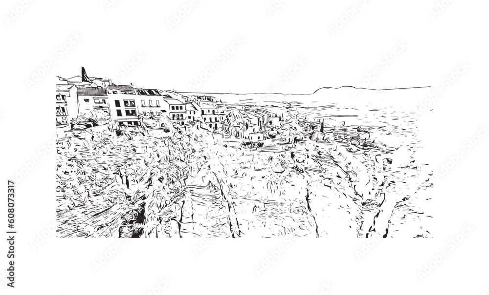 Obraz premium Building view with landmark of Ronda is a city in Spain. Hand drawn sketch illustration in vector.